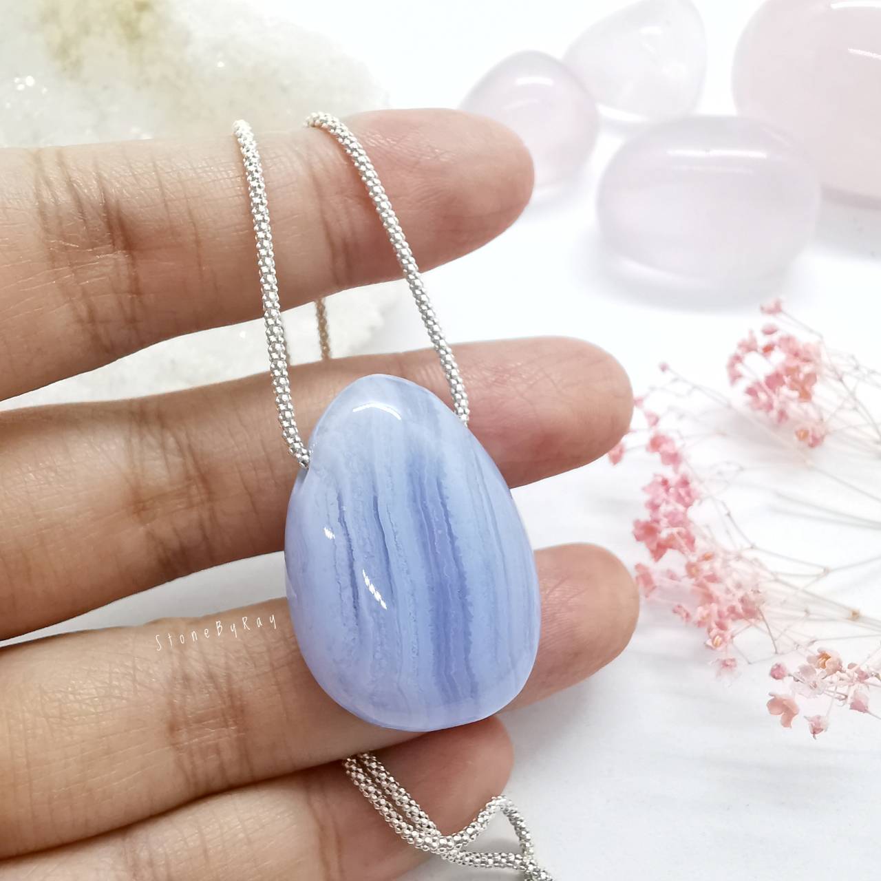 สร้อยคอเงินจี้หินบลูเลซอาเกต Blue Lace Agate