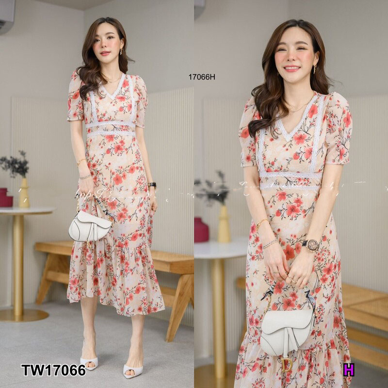 kudapy แม็กซี่เดรสยาวสีชมู ครีม ดำ เทา แดง แขนสั้น ผ้าชีฟองพิมลายดอกไม้ อกแต่งลูกไม้ มีซับใน มีซิปหลัง