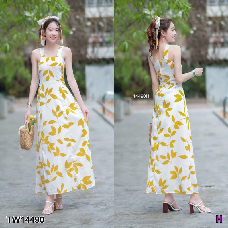 kudapy Maxi Dress เดรสสายเดี่ยวยาว สีชมพู ดำ เขียว เหลือง งานผ้าสลาฟพิมพ์ลายใบไม้ มีซิปซ่อนด้านหลัง มีซัปใน มีโบว์แยก 1 เส้น