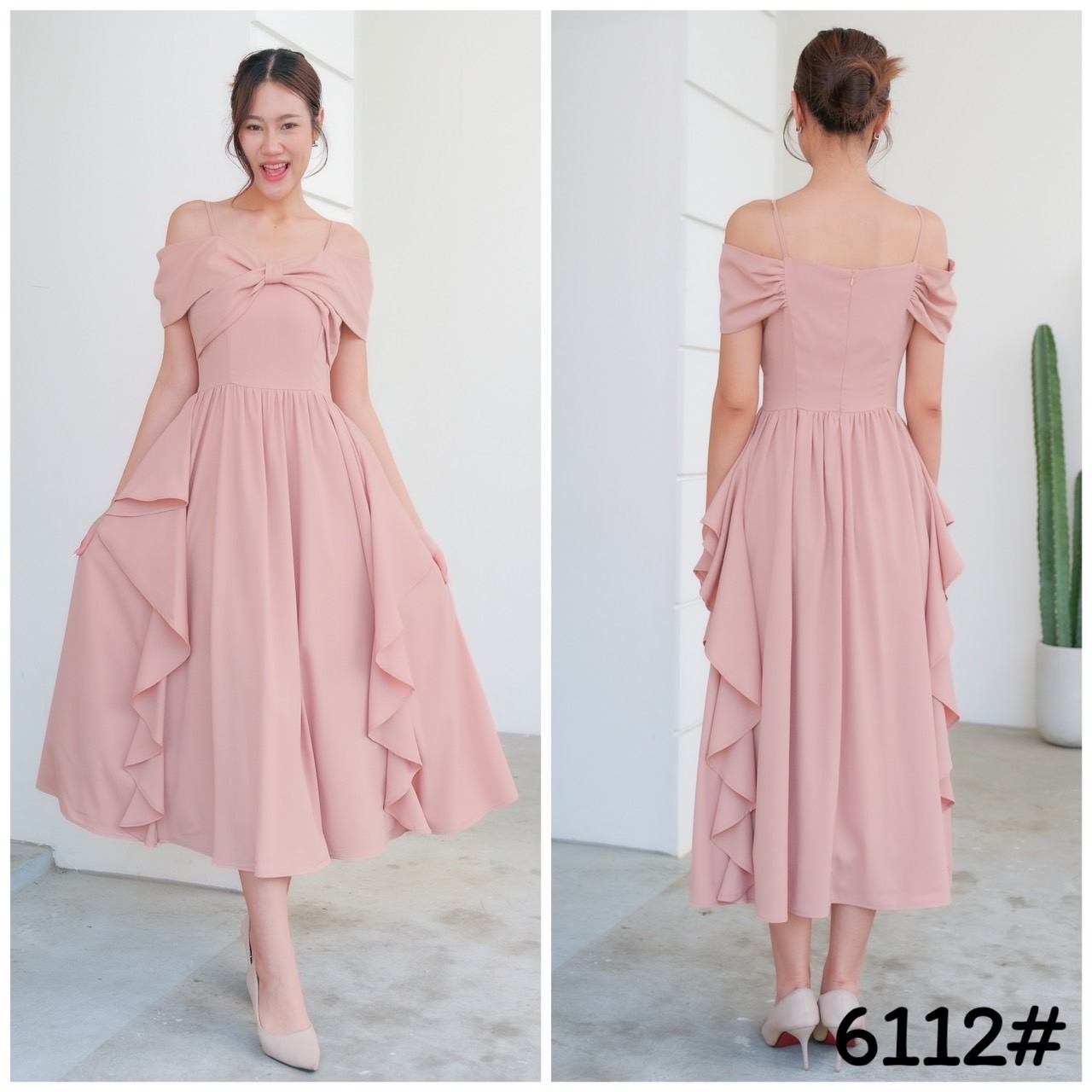 kudapy เดรสสั้น เดรสออกงานสุดพริ้ว เดรสเปิดบ่า ปิดแขน อกโบว์ กระโปรงบานพริ้ว แต่งริ้วด้านข้าง