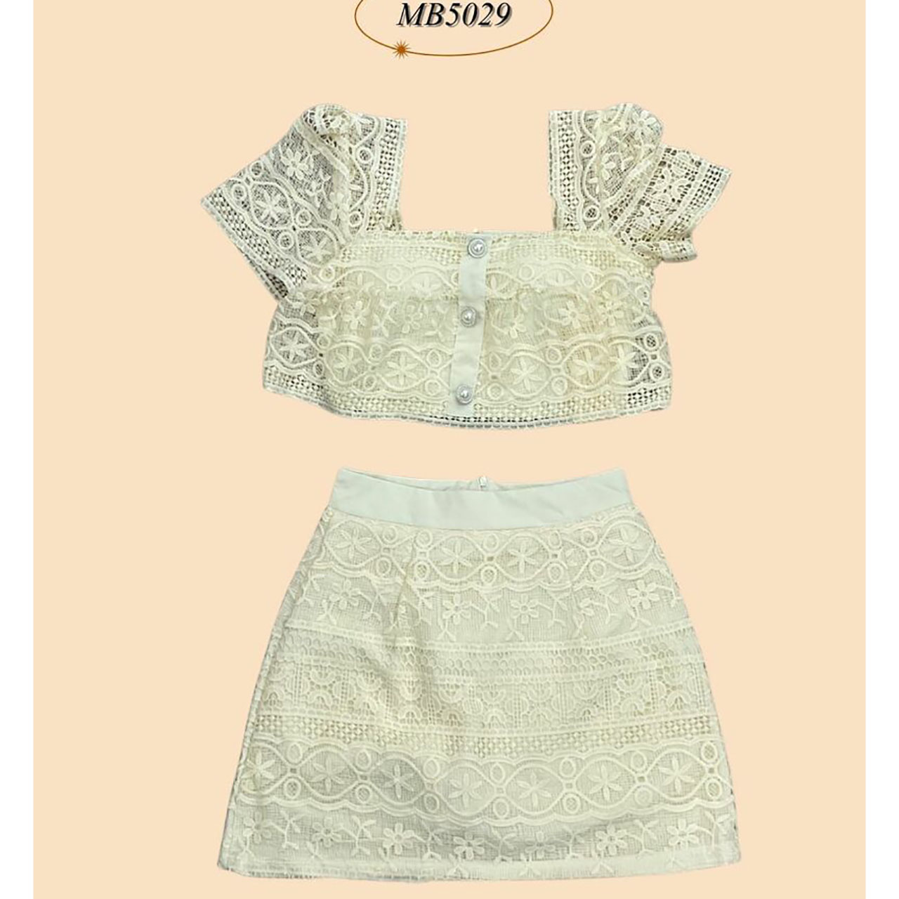 kudapy ชุด Set เสื้อ Crop กระโปรงสั้นสไตล์เกาหลีเกาใจ ดีเทลงานผ้าปักแขนระบายงานซิปหลัง