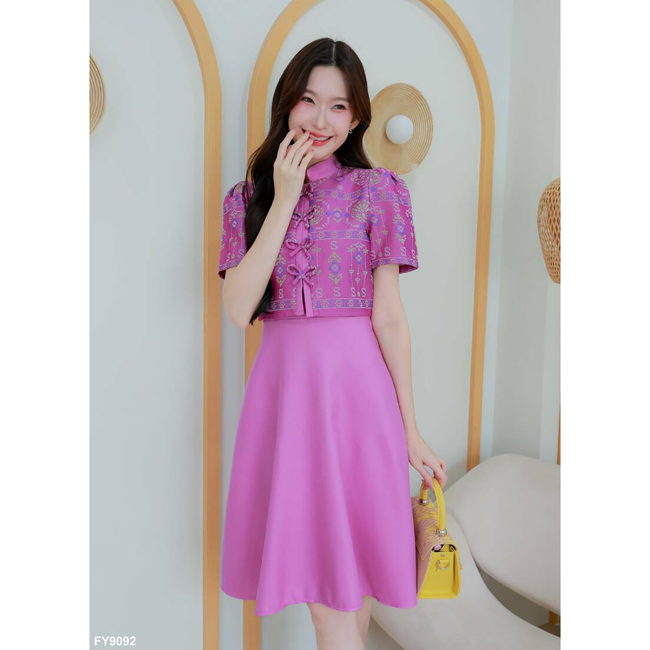 kudapy เดรสสั้นสีชมพู/สีม่วง เสื้อคอจีนแขนตุ๊กตากระดุมโบว์