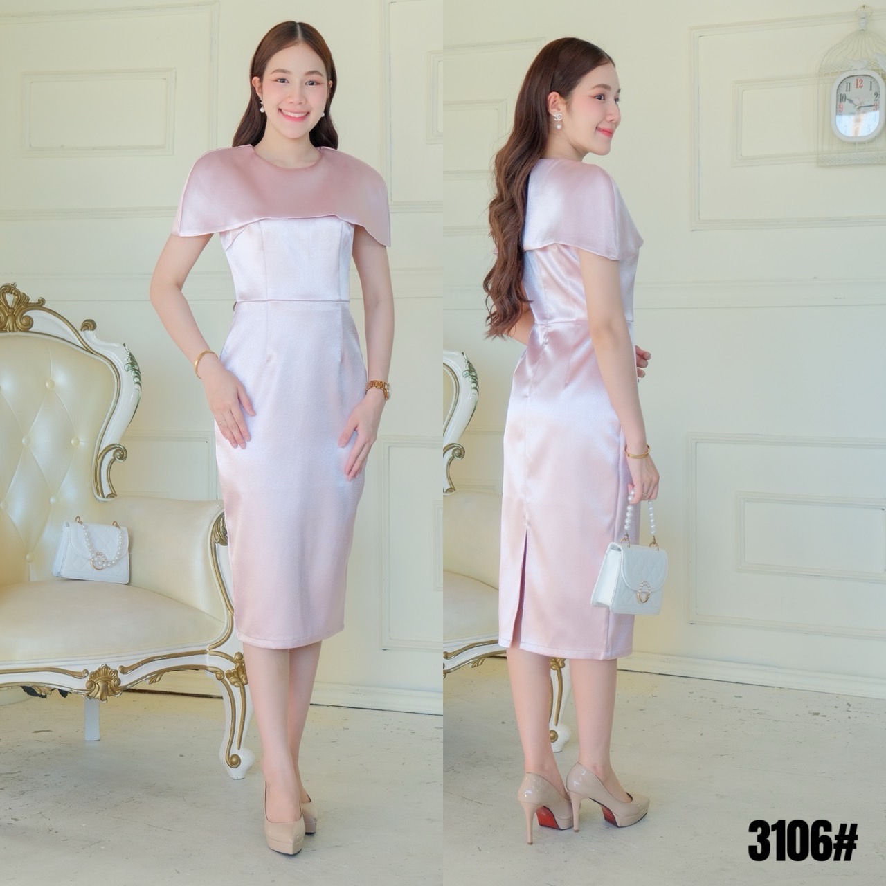 kudapy เดรสสั้นสีชมพูพาสเทล/สีทอง/สีขาว/สีดำดัชเชสอัดกาว ผ้าเงาสวยปัง/ผ้าโพลีเอสเตอร์ด้าน ทรงสอบเข้ารูป ปกคลุมบ่า ไหล่ตั้งเล็กน้อย กระโปรงสอบ ผ่าหลัง