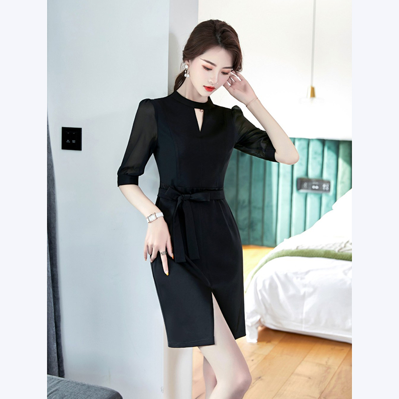 kudapy เดรสแขนสั้นสีกรมท่า สีดำ สีแอพลิคอท ผ่าหน้า ผ้าไม่บาง และไม่หนาเกินไป เหมาะสำหรับใส่ทำงาน