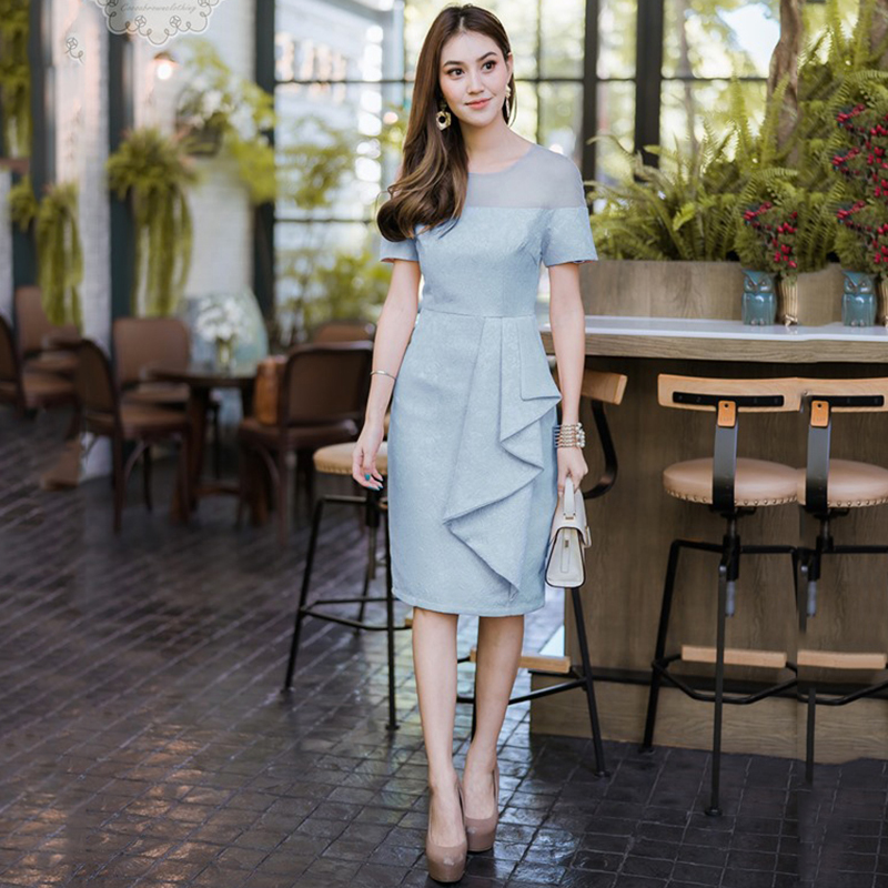 Kudapy ชุดเดรสสั้นออกงานสีฟ้า ทรงเข้ารูป ผ้าอัดลาย ช่วงไหล่ซีทรู โชว์เซ็กซี่ งานสวย ผ้าดีมากค่ะ