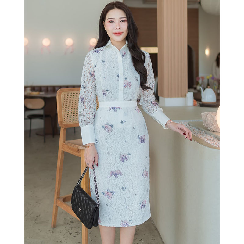 kudapy เซ็ตเสื้อเชิ้ต+กระโปรง พื้นลูกไม้สีขาว เพิ่มความน่ารักด้วยลูกเล่นลายช้างน้อย