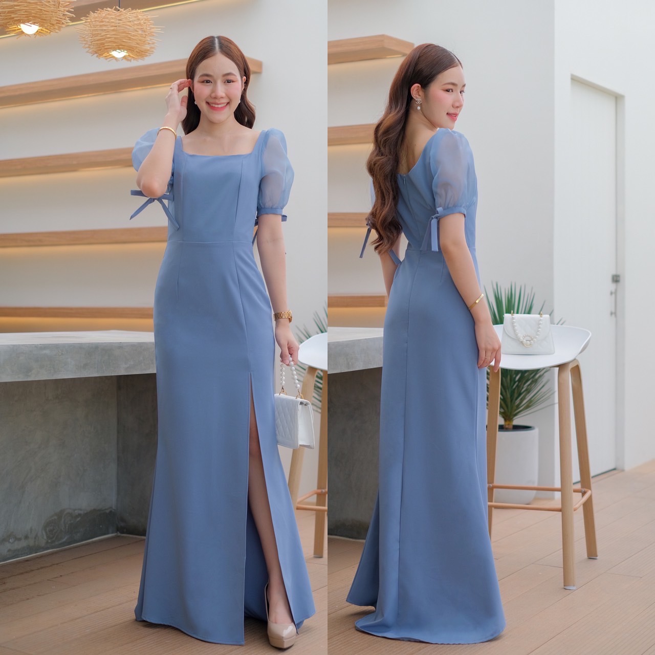 kudapy เดรสยาวสีฟ้าคราม/สีครีม คอเหลี่ยม แขนตุ๊กตา ผ้า organza ปรับขยายไซส์แขนได้ กระโปรงหางปลาผ่าหน้า