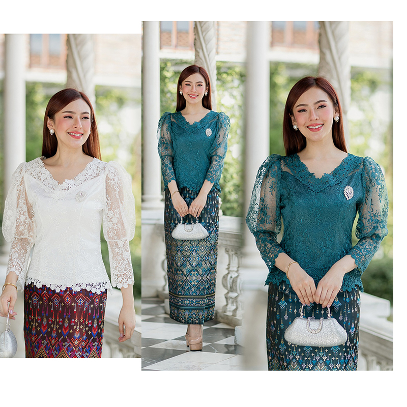 kudapy (เฉพาะเสื้อ) เสื้อลูกไม้สีเขียว/สีขาว ตัวเสื้อใช้ผ้าลูกไม้ใยบวบเนื้อดีลายลูกไม้แน่นทั้งตัว ตัวเสื้อมาพร้อมซับในเนื้อดีในตัว