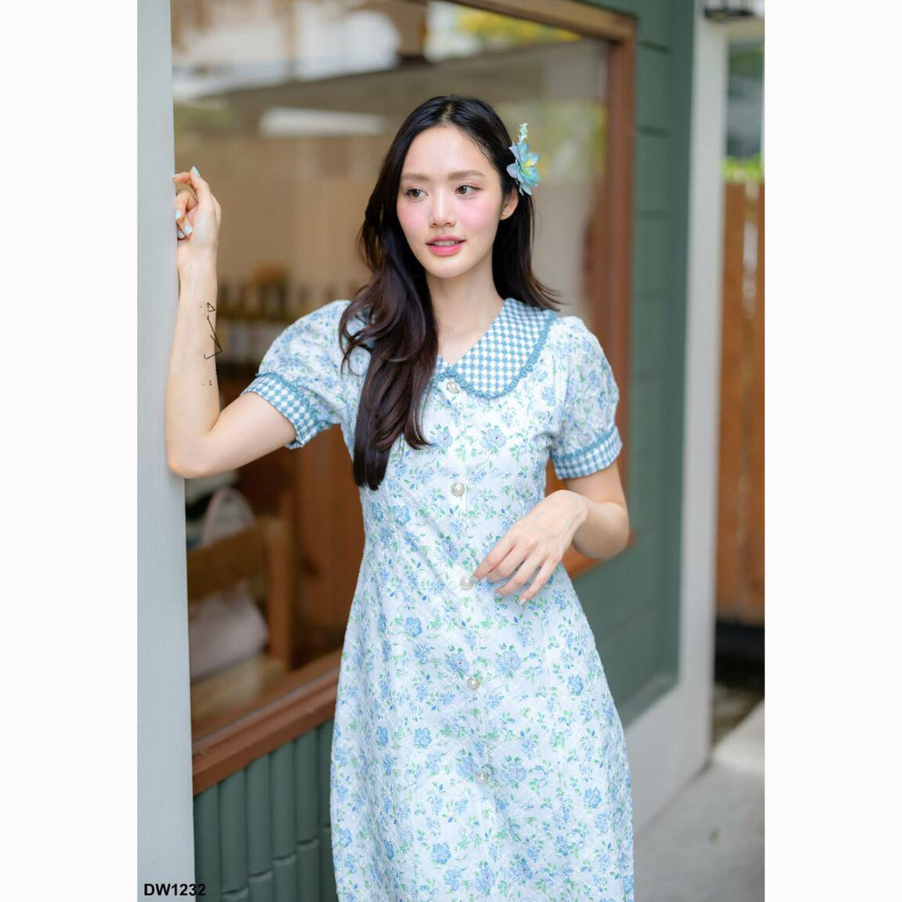 kudapy เดรสสั้นสีฟ้า/สีม่วง ผ้าฉลุคอบัวลายสก๊อต ใส่สบายสวยดูดี