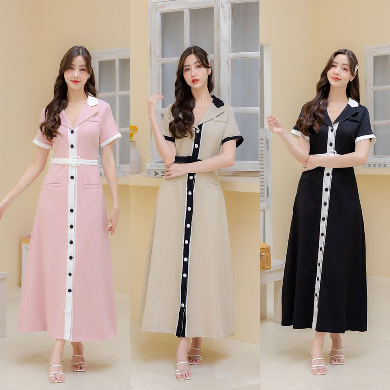 kudapy เดรสยาวสีชมพู/สีครีม/สีดำ เนื้อผ้าอย่างดี มาในทรงคลาสสิคที่ใส่ได้ตลอด สไตล์ติดกระดุมหน้า สีโทนสุภาพแต่งคอปกสุดชิค