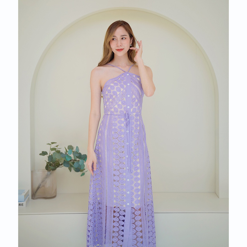 kudapy เดรสยาวสีขาว/สีม่วง สายเดี่ยวมีกระดุมตรงกลาง