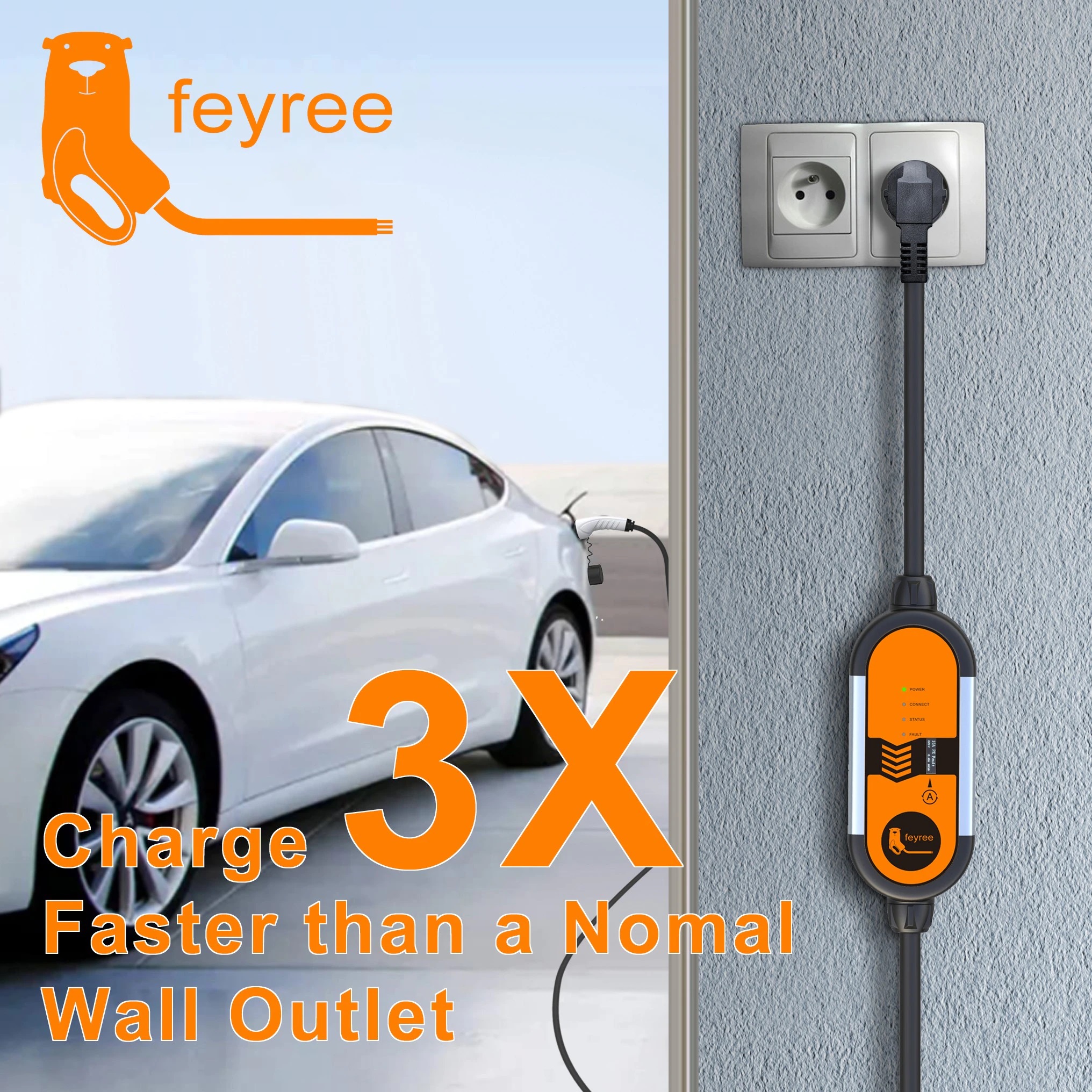 เครื่องชาร์จรถยนต์ไฟฟ้าแบบพกพา EV fast charger สำหรับรถยนต์ไฟฟ้า มีหน้าจอLCDแสดงผล ยี่ห้อ Feyree ปลั๊กเสียบชนิด Type2 กระแส 16A กำลังงาน 3.5kW