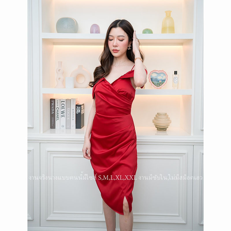 kudapy เดรสสั้นสีไวน์แดง/สีน้ำตาลอิฐ/สีชมพู ชุดราตรีสั้นปาดไหล่พรีเมี่ยมเกรด