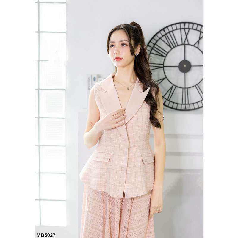 kudapy เซตเสื้อทรงสูทสีชมพู/สีขาว/สีดำ แขนกุด+กระโปรงยาวตาข่าย แต่งผ้าระบาย