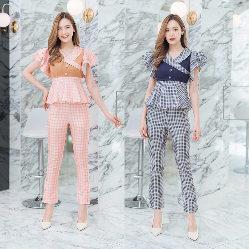 kudapy เซทเสื้อสกอต+กางเกงขายาวลายสกอตสีดำ/สีส้ม