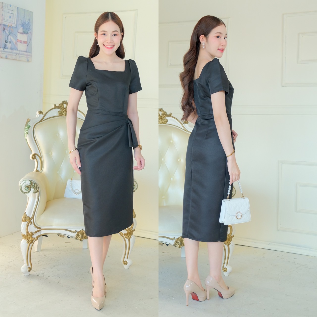 kudapy เดรสสั้นสีชมพูพาสเทล/สีทอง/สีเทา/สีข่าว/สีดำ/สีครีม คอเหลี่ยม แขนสั้น จีบยกบ่าตั้ง กระโปรงสอบจับจีบข้างสะโพก ผ่าข้าง