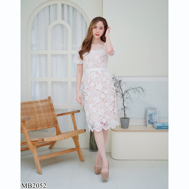 kudapy เดรสสั้นคอเหลี่ยมสีขาว/สีชมพู แขนตุ๊กตาผ้าลูกไม้ทั้งชุดสวยใส่สบายตัว