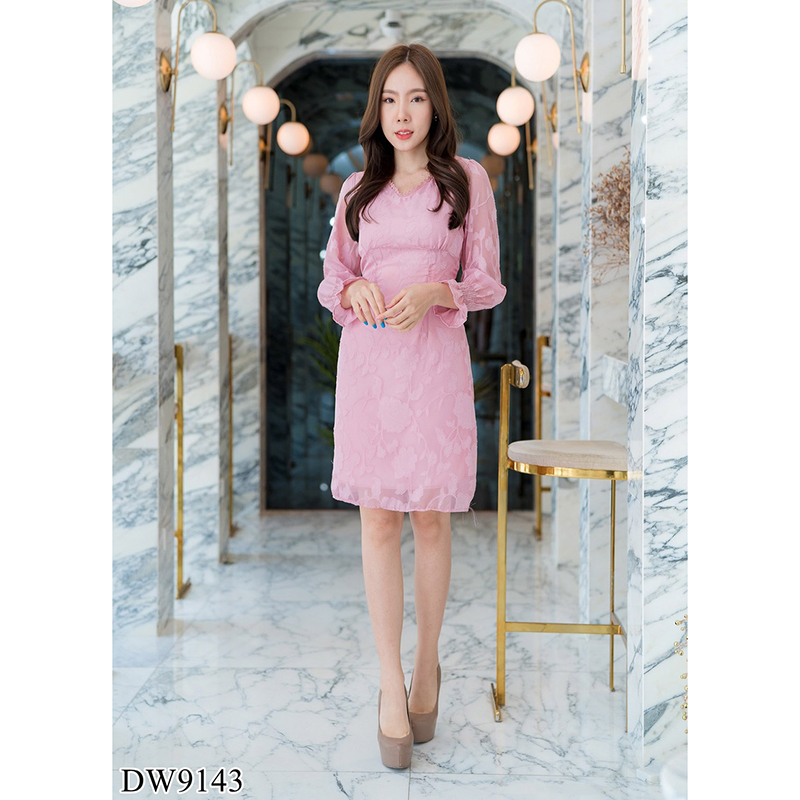 kudapy เดรสสั้นแขนยาวชีฟองสีชมพู/สีกรม/สีเขียว คอวีชีฟองมีซับแขนยาวจั๊ม