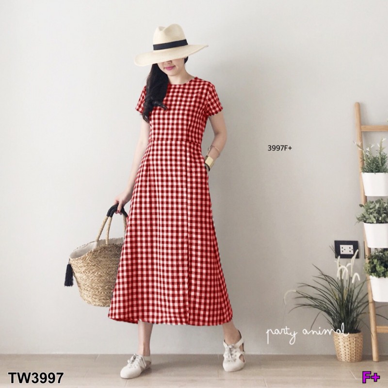kudapy แม็กซี่เดรส ยาว งานผ้าทอลายสก็อตแขนสั้น ทรงหรู ดูน่ารักฝุุดๆ มีซิปหลัง