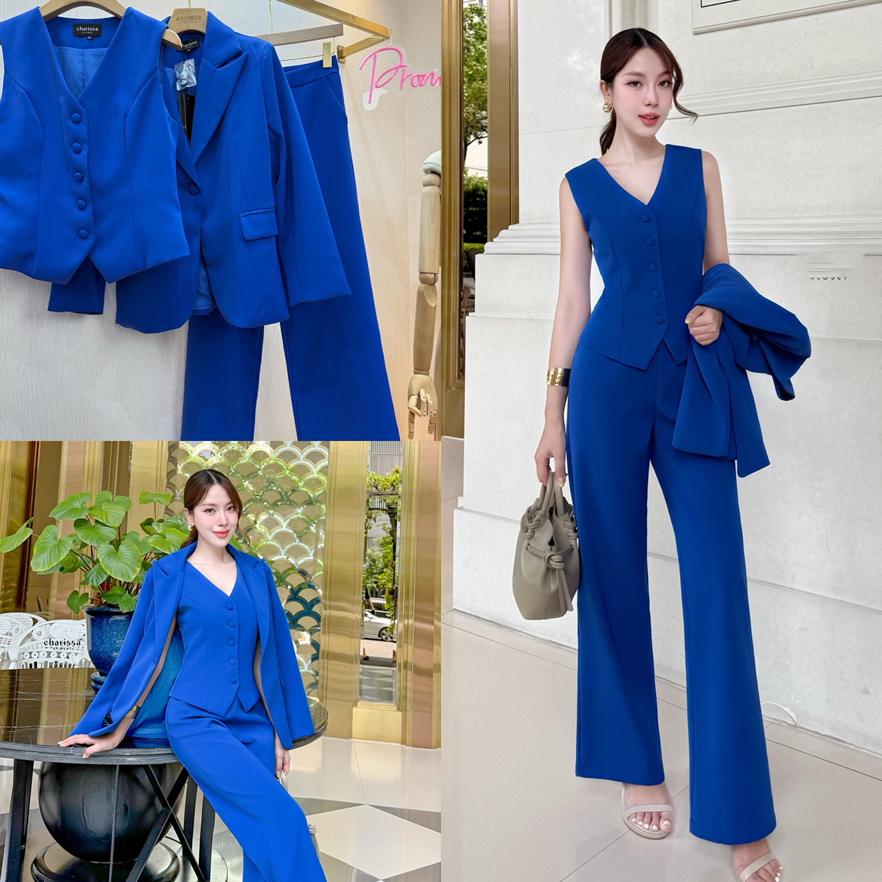 kudapy เซทเสื้อสูท+กางเกง+เสื้อเวส เป็นเซ็ทสูท ทรงโอเวอร์ไซส์นิดๆ แต่งกระดุมจริงด้านหน้า กระเป๋าจริง มีซับในทั้งตัว