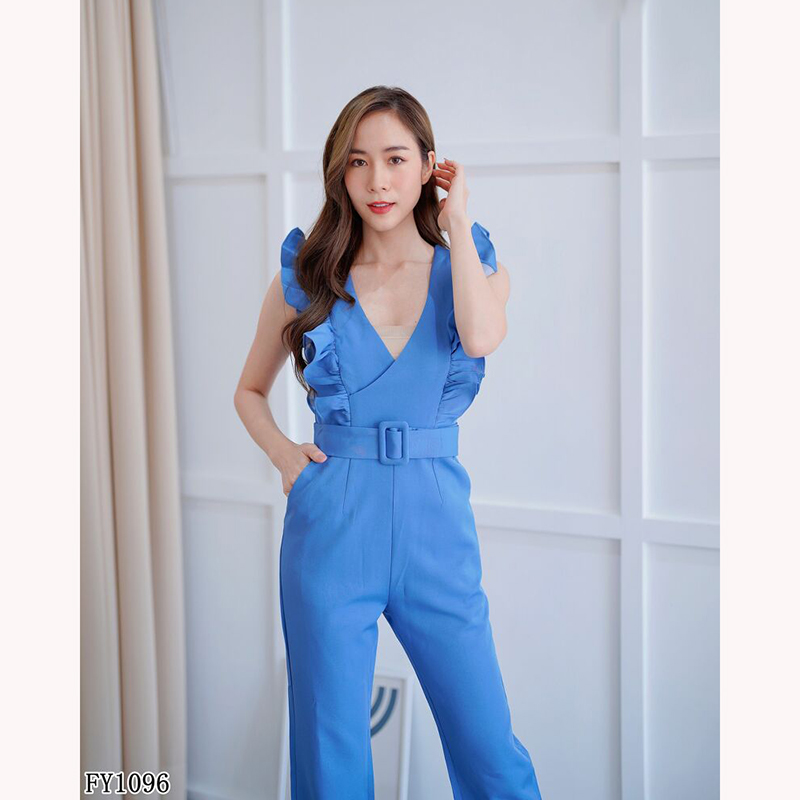 kudapy จั้มสูทขายาวสีฟ้า/สีน้ำตาล ระบายอก แต่งเข๊มขัดสวยดูดี ใส่สบาย