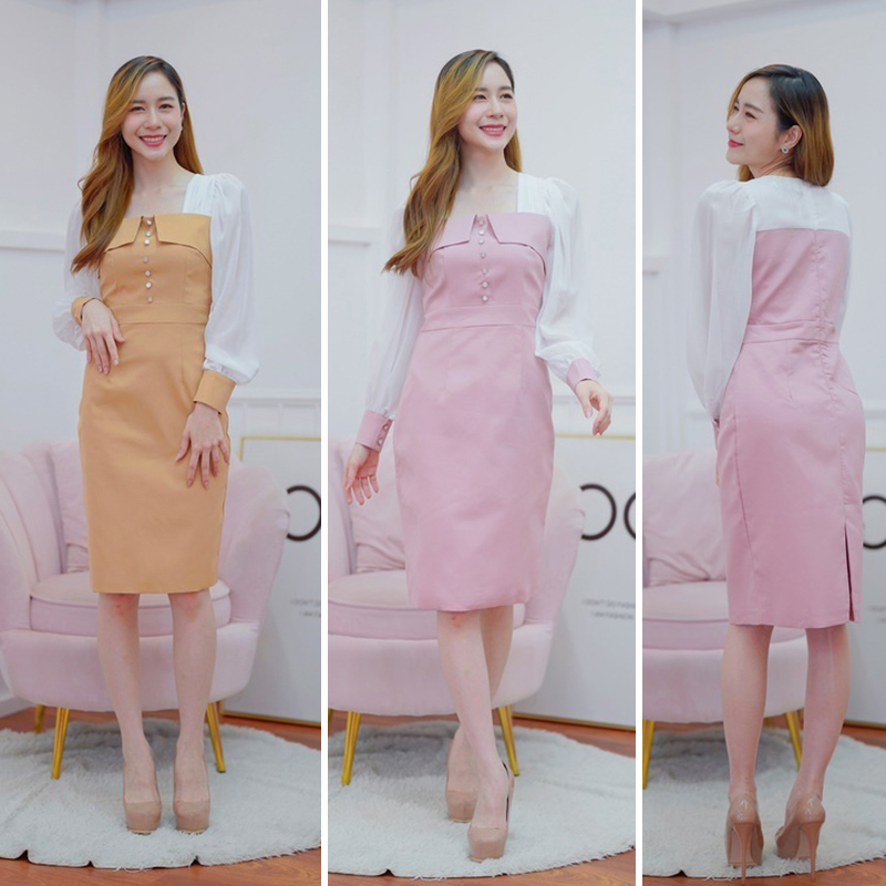 kudapy เดรสสั้นสีชมพู/สีน้ำตาล .แขนยาวแต่งกระดุมมุกสวยดูดี