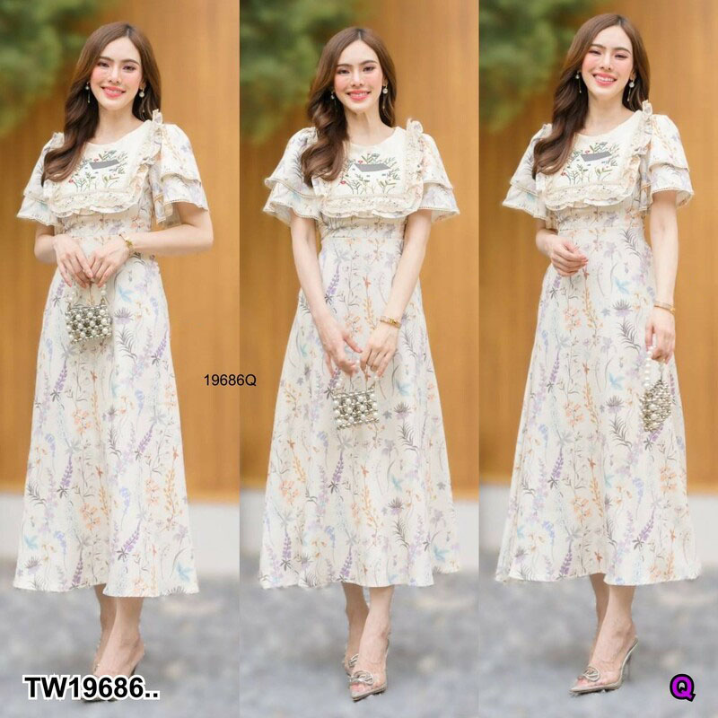 kudapy Maxi เดรสยาวพิมลายสีขาว ปักลายช่วงอก ใส่แล้วไม่ร้อน โทนสีใส่ง่าย ดีไซน์สวย