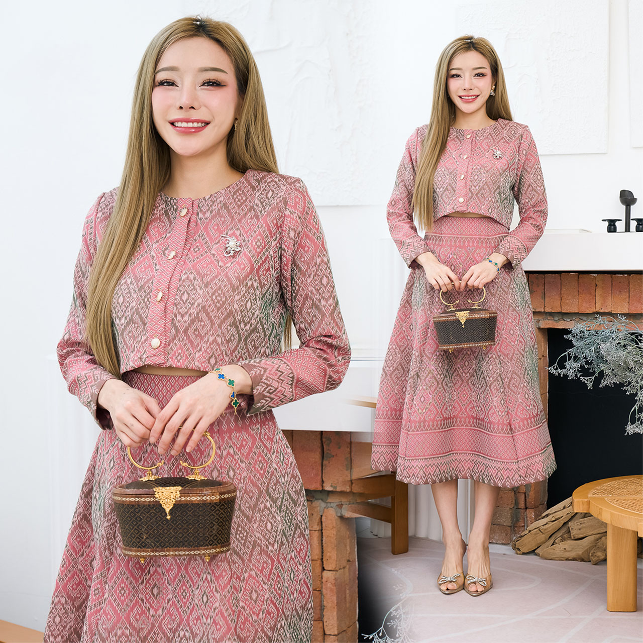 kudapy ชุดเซ็ท เสื้อกระโปรง ผ้าไหมทอลาย รุ่นวนิดา ลายไทย ใส่ออกงานสวยดูดี