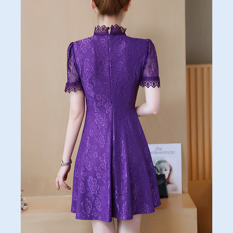 kudapy เดรสสั้นลูกไม้คอปีนสีม่วง/สีส้มโอรส เดรสลูกไม้เนื้อนิ่มใส่สบาย มีซับใน ซิบหลัง แขนสั้น