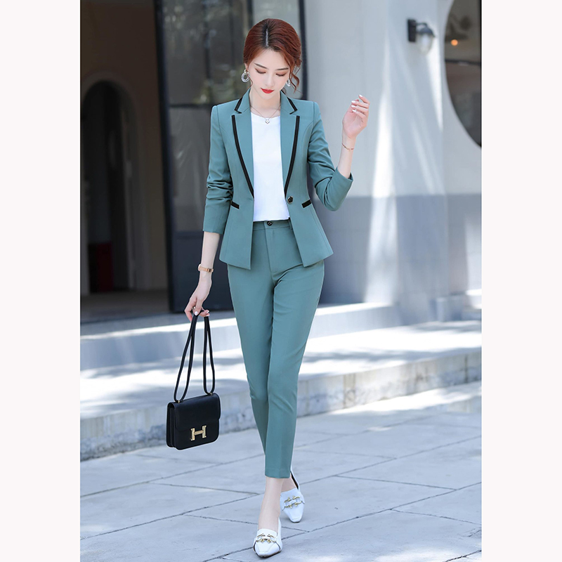 kudapy ชุดสูททำงานผู้หญิงสีฟ้าคราม/สีดำ แต่งขอบดำ สีสุภาพเรียบง่าย