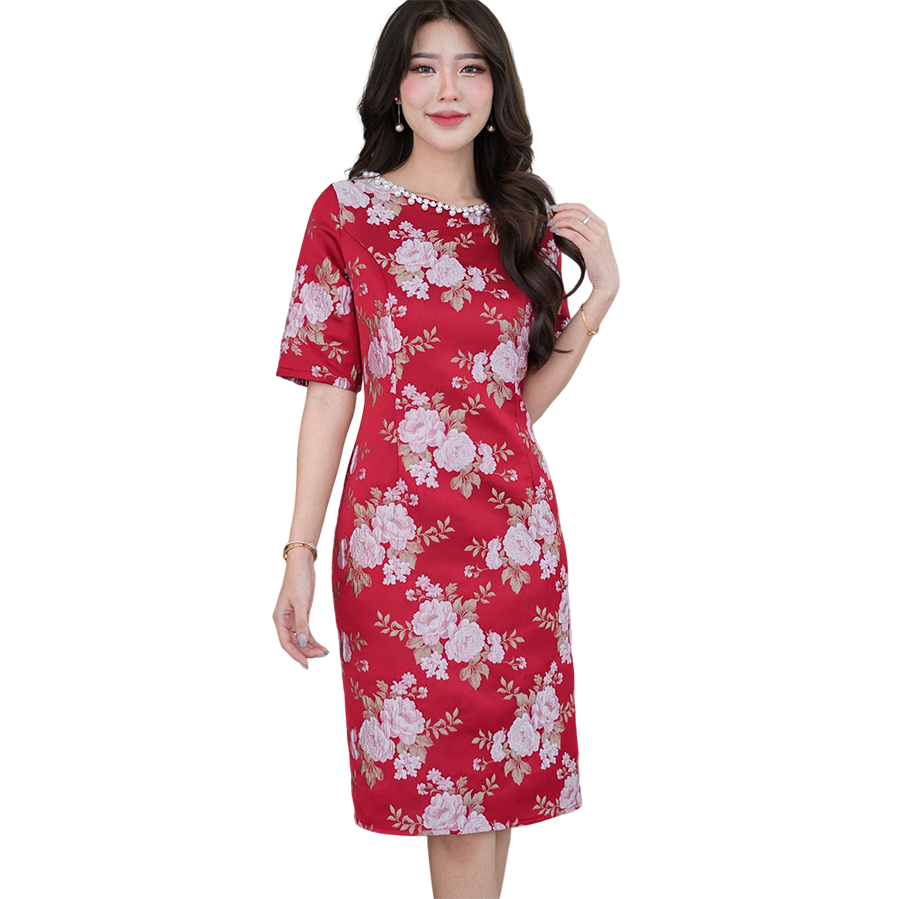 kudapy เดรสสั้นผ้าไหมทอลาย สีกรมท่า สีแดง เดรสคอกลม แขนสั้น ทรงเอเข้ารูป มีซับในซิบหลัง งานสวยหรูมากค่ะ