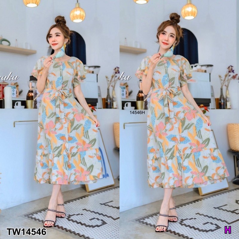 kudapy เดรสยาวสีครีม/สีเขียว กระดุมหน้า แขนกับชายระบาย มีสายผูกเอว เนื้อผ้าไหมเกาหลีพิมพ์ลายดอกไม้