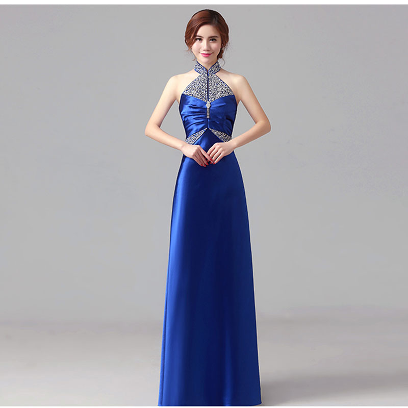 kudapy ชุดราตรียาวสีน้ำเงิน/เขียวมรกต คล้องคอ ปักเลื่อมเน้นช่วงเอว และปกคอจีน