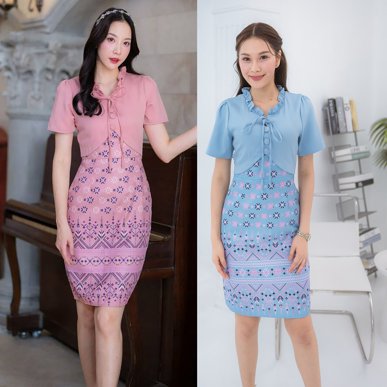 kudapy เดรสสั้นสีชมพุ/สีฟ้า กั๊กเข้ารูปกระโปรงลายไทย