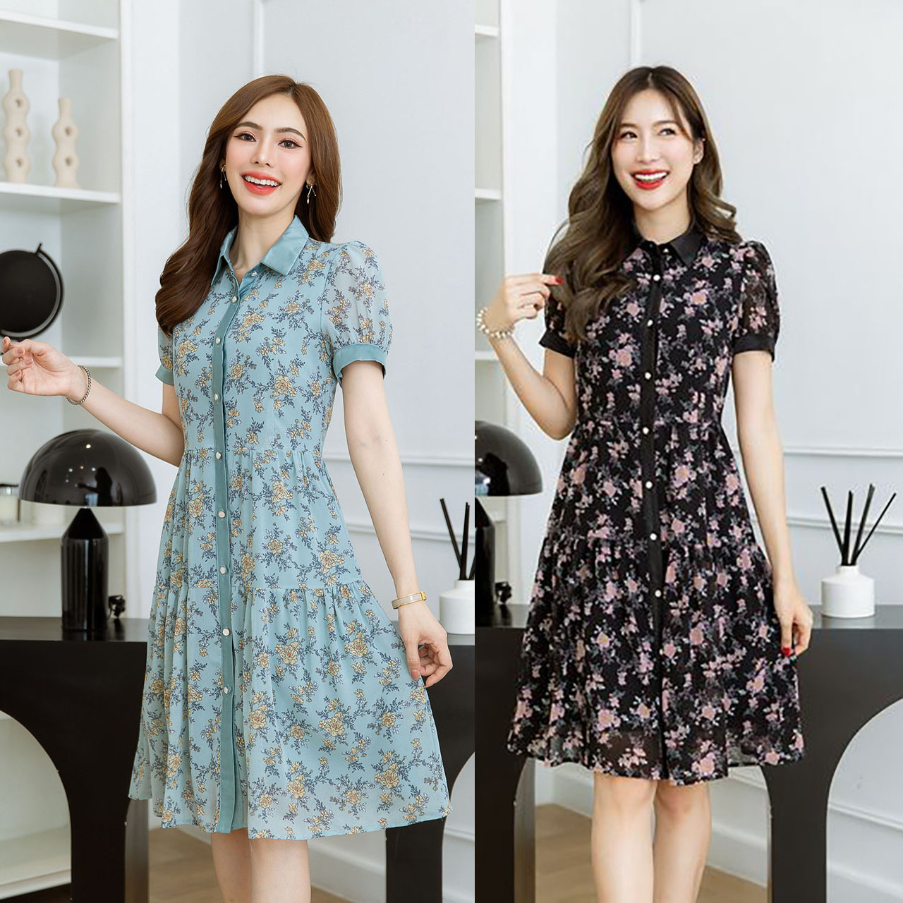 kudapy เดรสสั้นสีดำ/สีเขียวมิ้นท์ คอปกกระดุมหน้า ผ้าชีฟองลายดอกสวย แพทเทิร์นสวยเก๋ ใส่ง่ายๆ เป็นชุดเปิดกระดุมด้านหน้า สวยงานดี