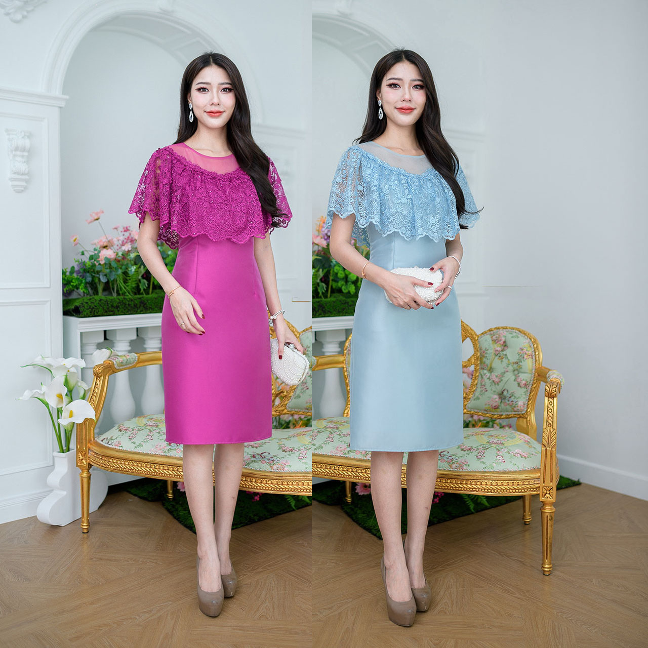 kudapy เดรสสั้นสีชมพูบานเย็น/สัฟ้า ผ้าไหมคลุมไหล่เป็นผ้าปักดอกไม้ปักด้วยเลื่อมโทนสีเดียวกับชุด