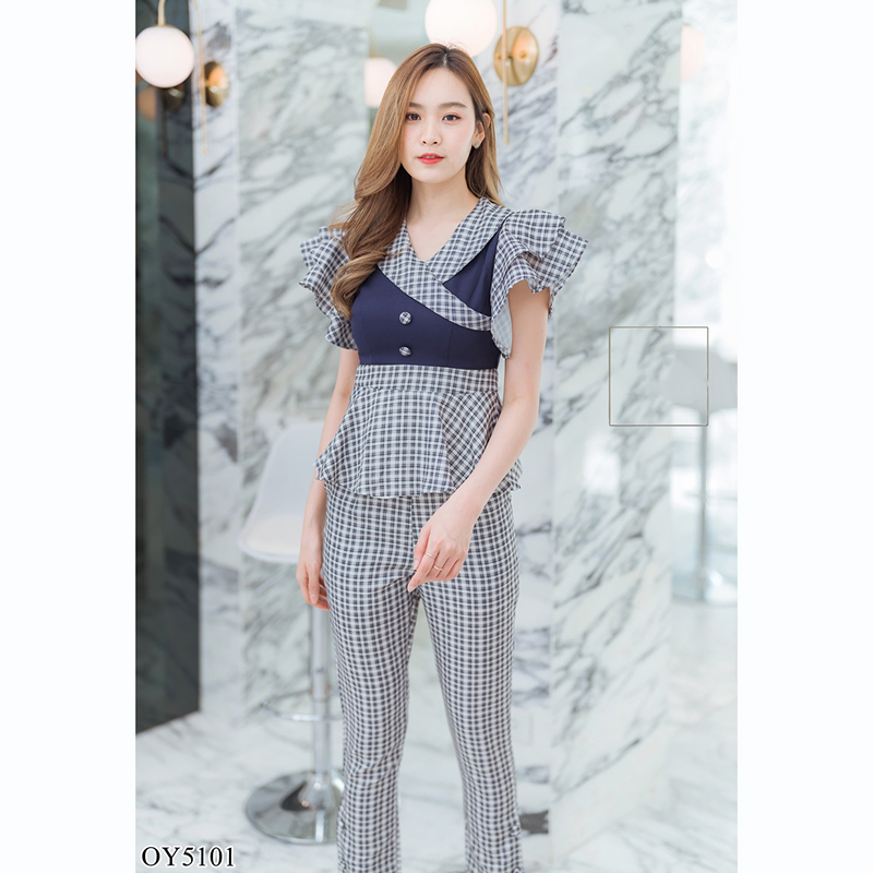 kudapy เซทเสื้อสกอต+กางเกงขายาวลายสกอตสีดำ/สีส้ม