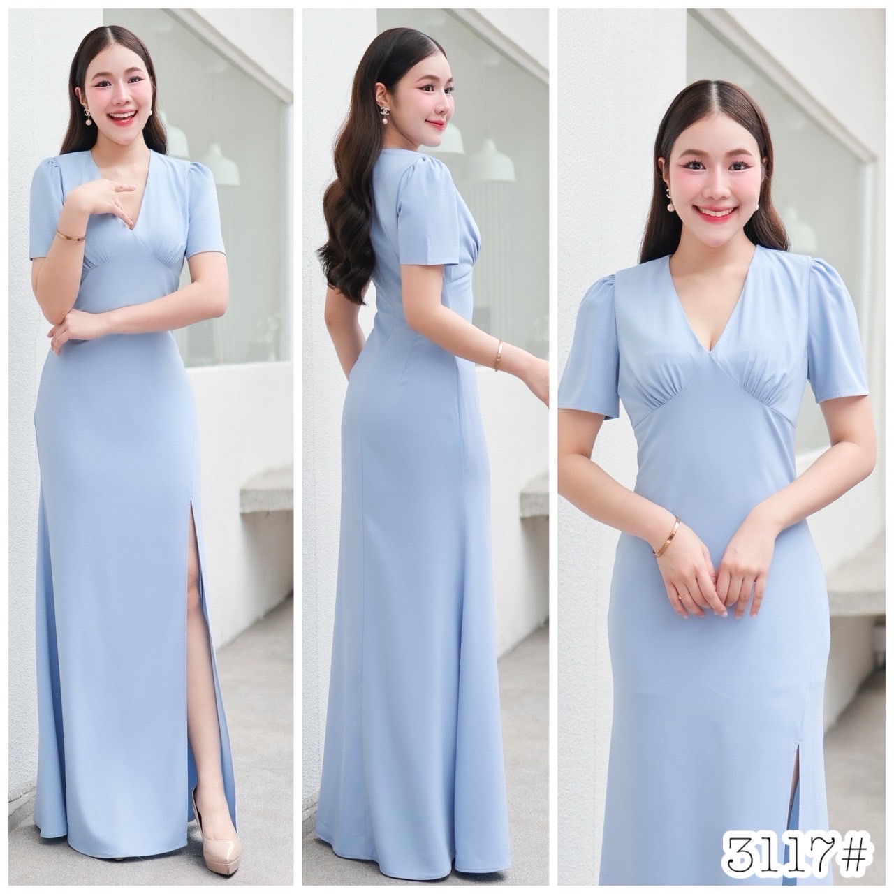 kudapy แม๊กซี่เดรสออกงาน จีบใต้อก คอวีแขนสั้น ตีเกร็ดเอว กระโปรงผ่าหน้า เรียบหรู