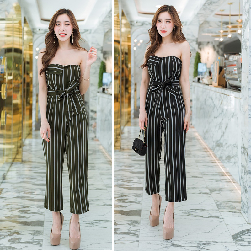kudapy จั๊มสูทขายาวสีดำ,เขียว เกาะอกลายทางใส่สบายสวยดูดี
