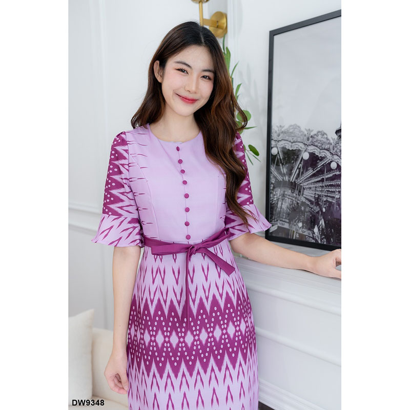 kudapy เดรสสั้นสีฟ้า/สีม่วง/สีเหลือง ลายไทยแขนกระดิ่งผูกเอว