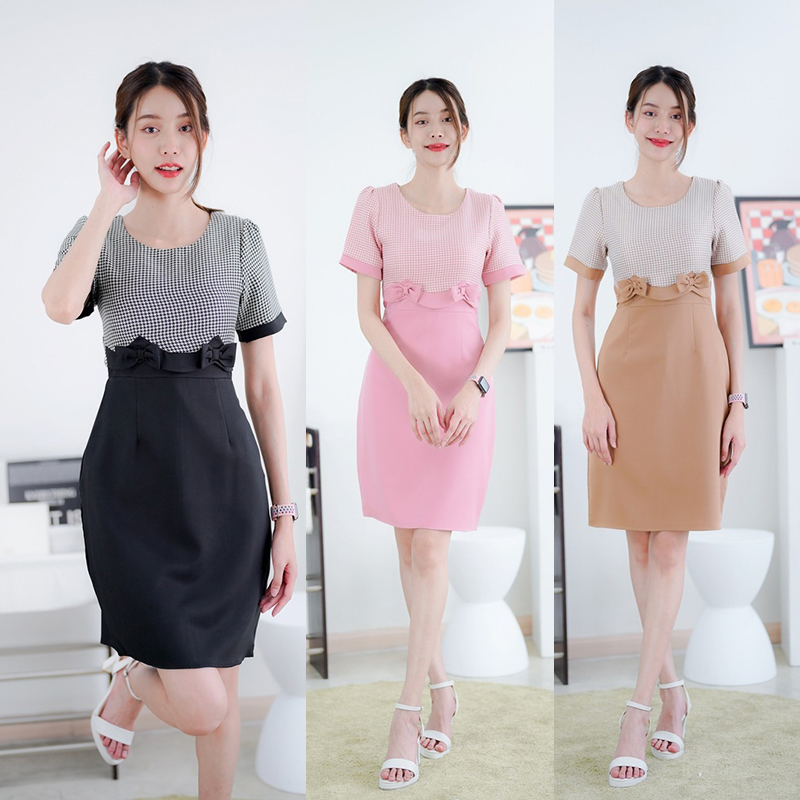 kudapy เดรสสั้นสีชมพู/สีดำ/สีน้ำตาล สก็อตแต่งโบว์ใส่ทำงานสวยดูดี