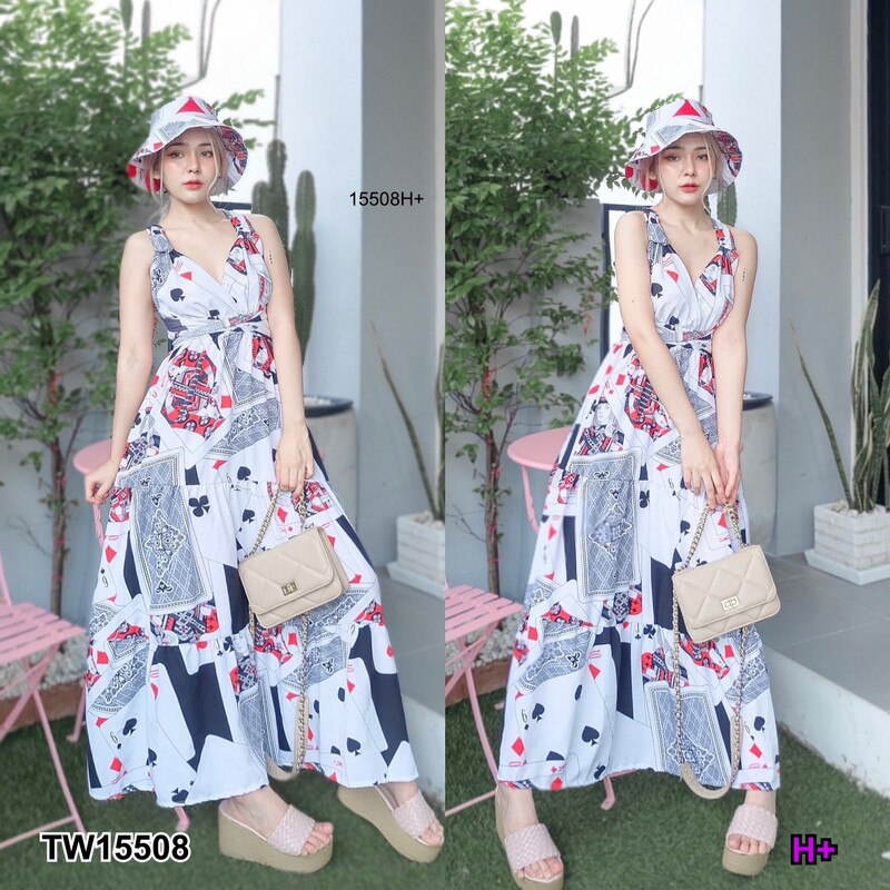 kudapy แม็กซี่เดรสคล้องคอผูกสีดำ สีแดง ผ้าไหมอิตาลี่ พิมลายไพ่ทั้งชุด เอวสม็อคหลัง