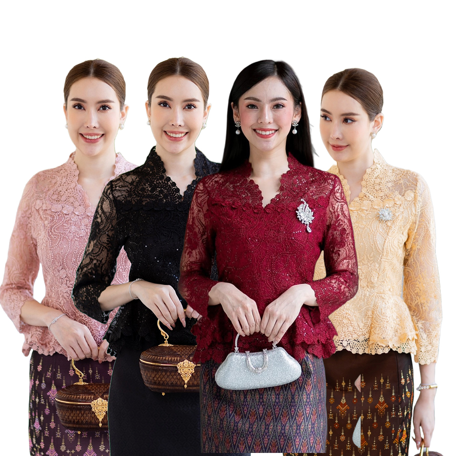 kudapy (เฉพาะเสื้อ) เสื้อลูกไม้ฝรั่งเศษสีแดงเข้ม,สีทอง,สีดำ,สีชมพู คอวีแต่งหยักเพิ่มกริสเตอร์วิบวับ แขนยาว เก็บเอวอย่างดี แต่งชายเสื้อระบายชั้น มีซับใน ซิบหลังอย่างดีค่ะ