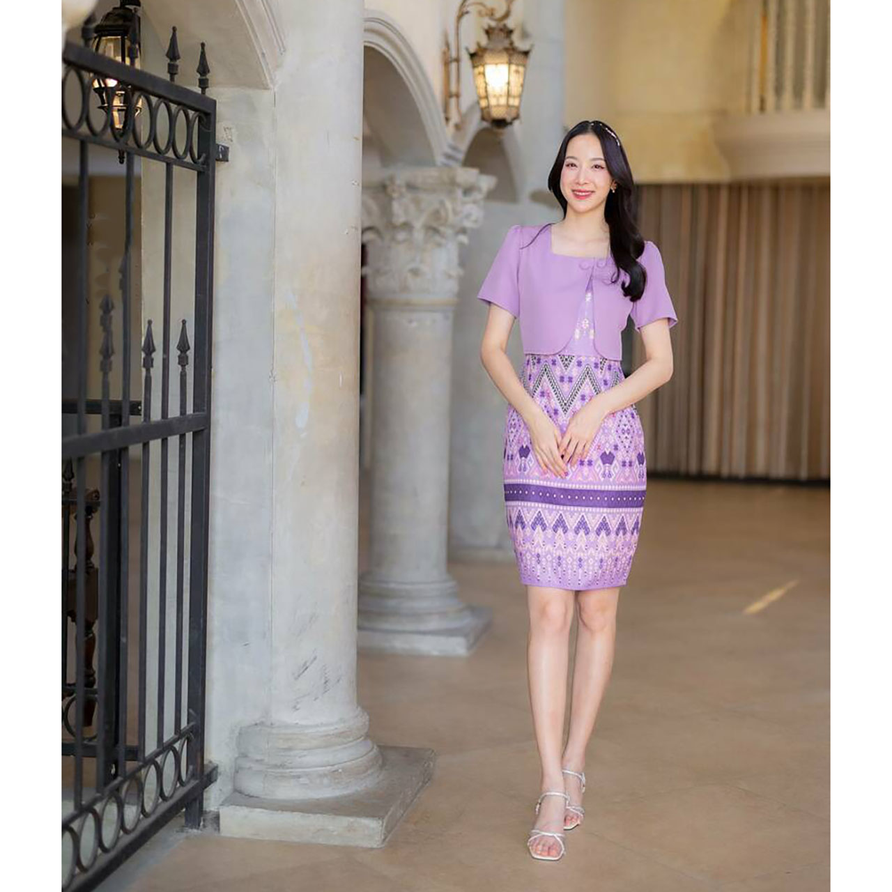 kudapy เดรสสั้นสีชมพู/สีม่วง ผ้าทอกั๊กพื้นกระโปรงลายไทย