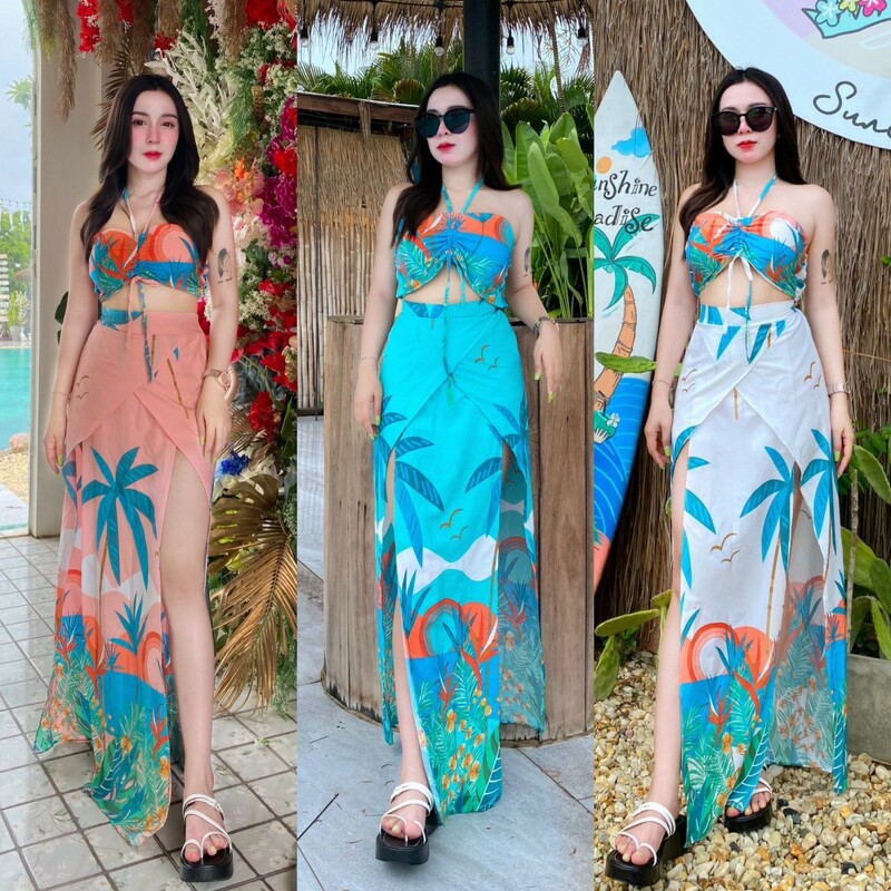 kudapy Set 2 ชิ้น เสื้อเกาะอก + กางเกงกระโปรงยาว พิมพ์ลายเข้าเซต