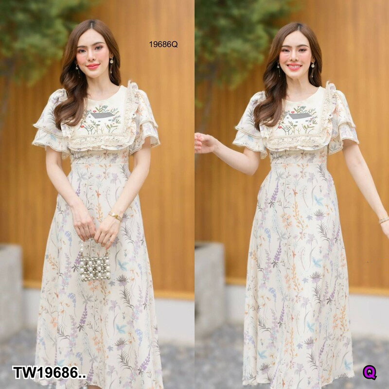 kudapy Maxi เดรสยาวพิมลายสีขาว ปักลายช่วงอก ใส่แล้วไม่ร้อน โทนสีใส่ง่าย ดีไซน์สวย