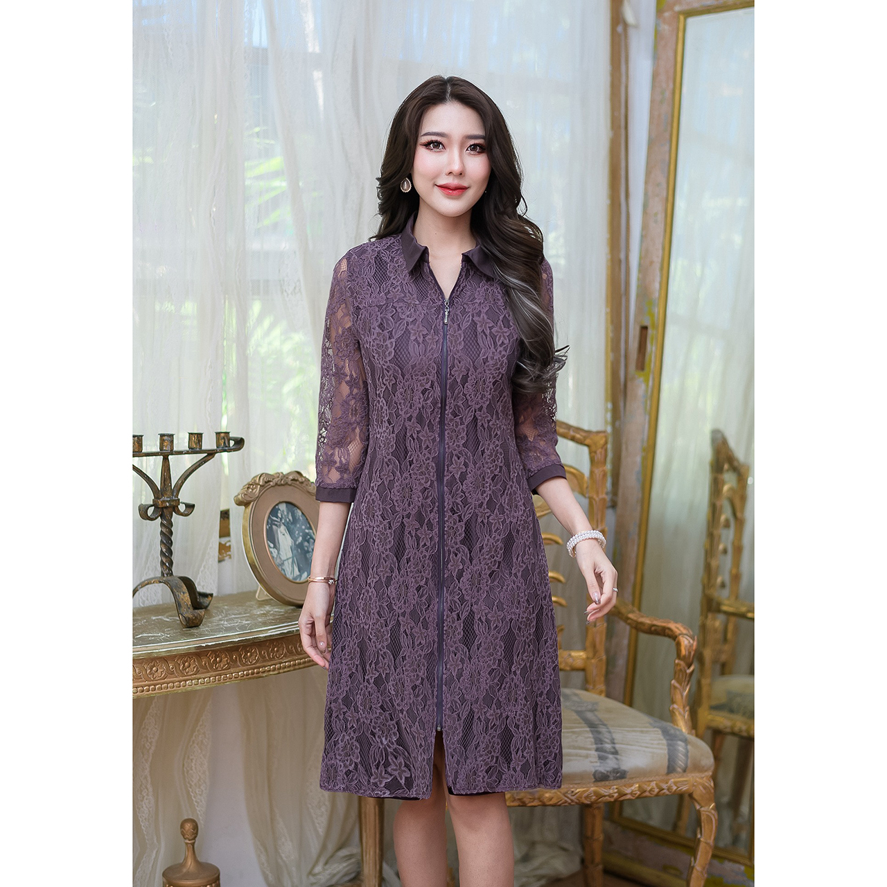 kudapy เดรสสั้นสีม่วง(หม่น)/สีกรม ลูกไม้สไตล์เชิต ผ้าเนื้อนิ่มมาก ด้านหน้ามีกิมมิคแต่งซิปเก๋