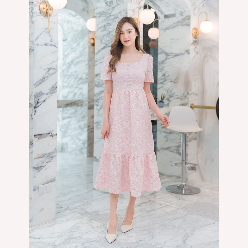 kudapyเดรสยาวสีแดง/สีชมพู/สีขาว แขนกระบอกสั้น ใส่สบายสวยดูดี