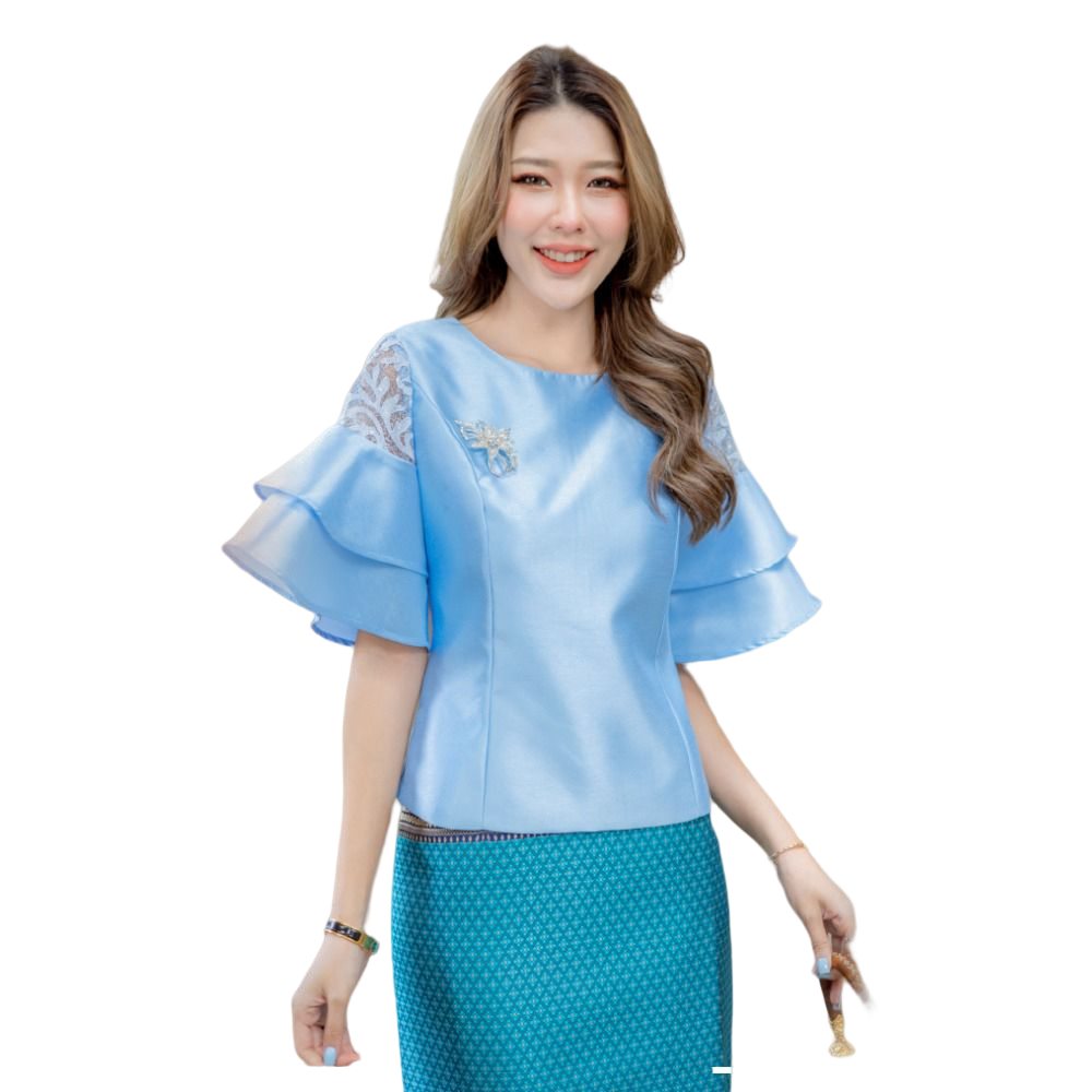 kudapy เซต 2 ชิ้น เสื้อผ้าไหมญี่ปุ่นเนื้อทรายคอกลม แขนแต่งระบายสีฟ้า+ผ้าถุงทอลายดอกพิกุลอย่างดีสีฟ้าน้ำเงิน งานมีซับใน ซิบหลัง