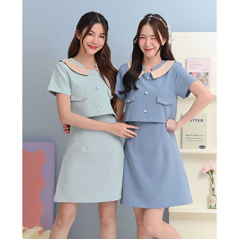 kudapy เดรสสั้นสีมิ้นท์อ่อน/สีฟ้า คอกลมแขนสั้น ตัดต่อเล่นสีคอปก ตัดต่อตัวเหมือนใส่แยกชิ้นทรงสวยเข้าเอว แต่งกระเป๋าหลอก